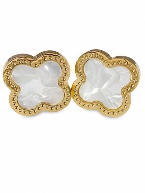 GOLD-TONE MOTHER OF PEARL CLOVER STUD EARRINGS -WHITE